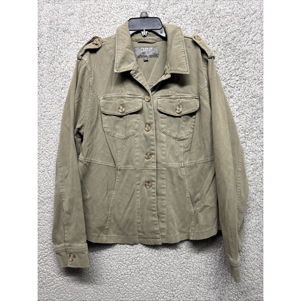 Torrid Women's OliveGreen Peplum Utility Button Up Cotton Stretch Jacket Size 0.